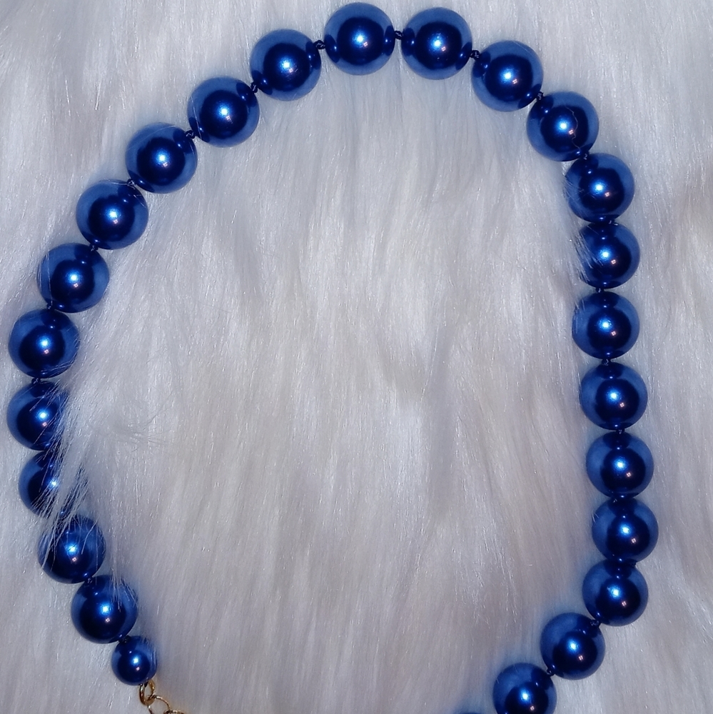 Imitation glass 14mm Pearl  necklace  blue color